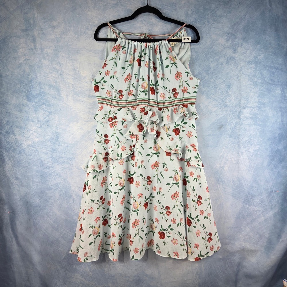 Max Studio London Floral‎ Ruffle Tiered Halter Dress Blue Red XS 7M02R63